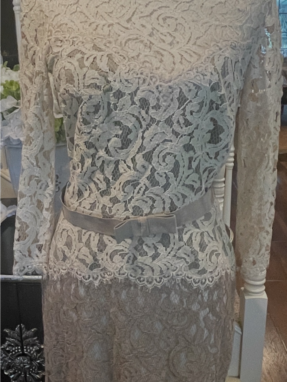 Tadashi Shoji Size 8 Long-Sleeve Lace Dress with Velvet Waist Bow - Cream
